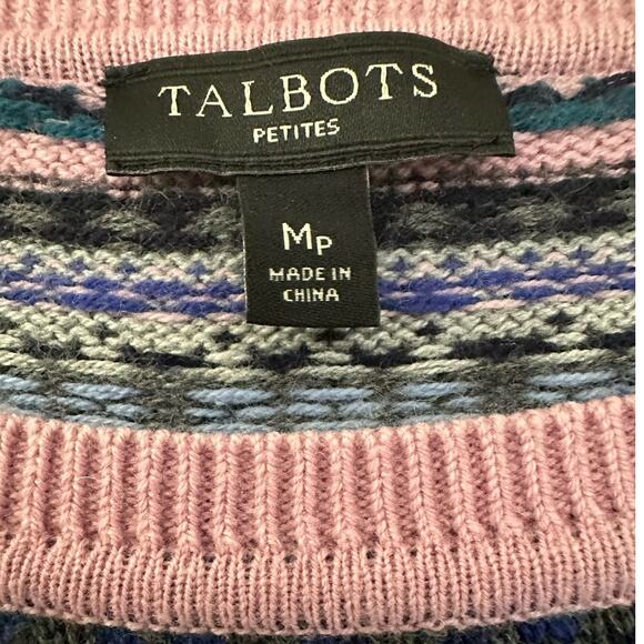 Talbots Gray and Pink Fair Isle Crew Neck Lambswool Blend Sweater Size MP - Picture 3 of 6